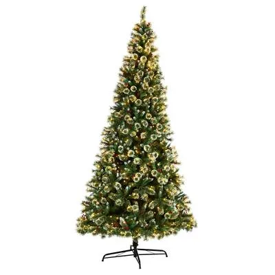 10'Frosted Swiss Pine Artificial Christmas Tree with 850 Clear LED Lights and Berries