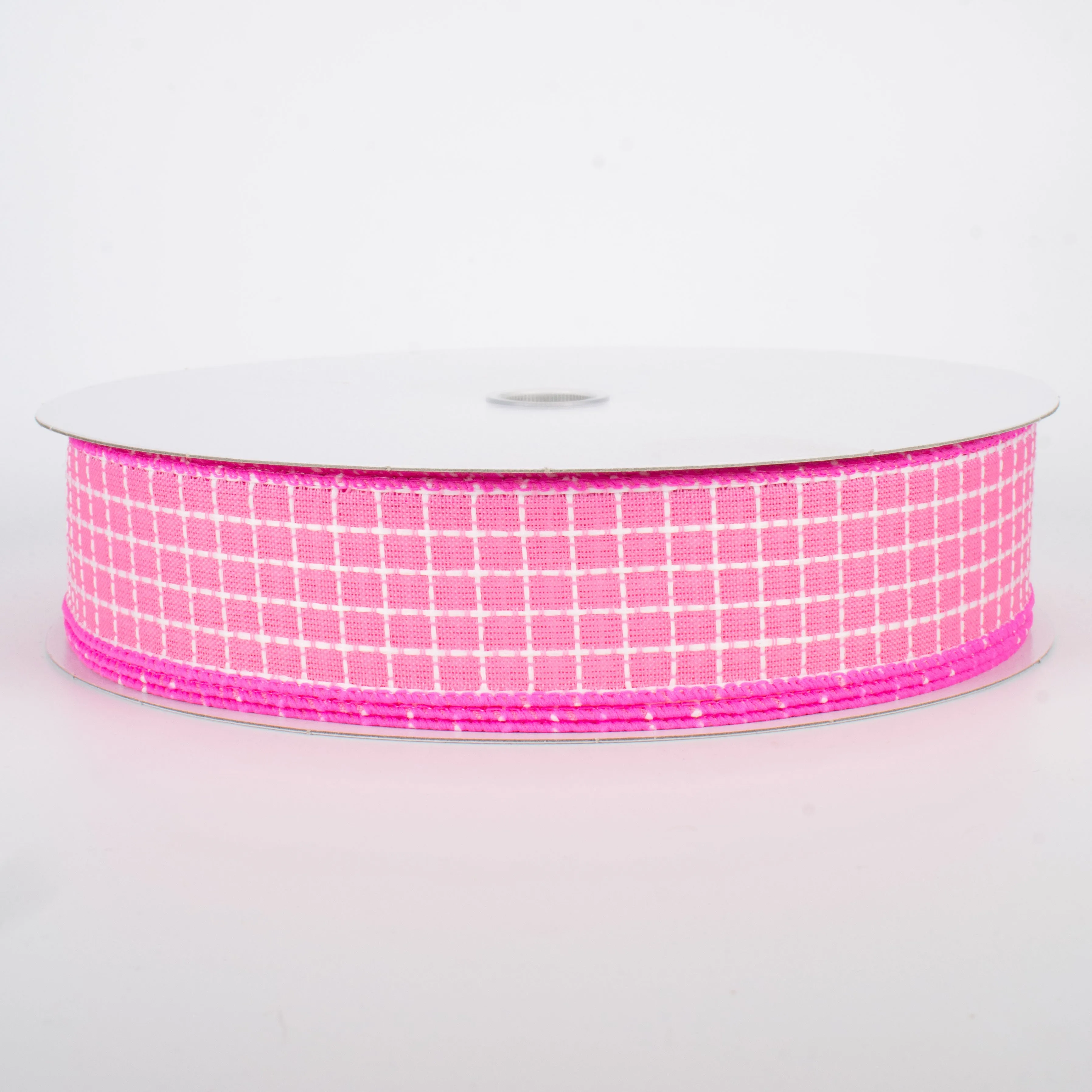 1.5" Embroidered Stitched Squares Ribbon: Pink (50 Yards)