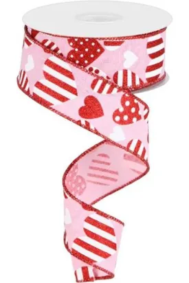 1.5" Valentine Hearts on Royal Ribbon: Light Pink (10 Yard)