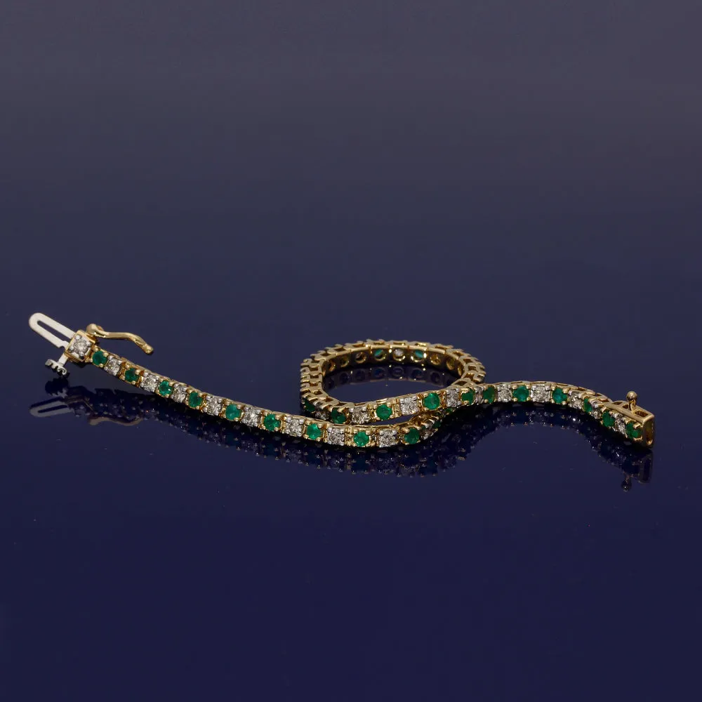 18ct Yellow Gold Diamond and Emerald Tennis Bracelet