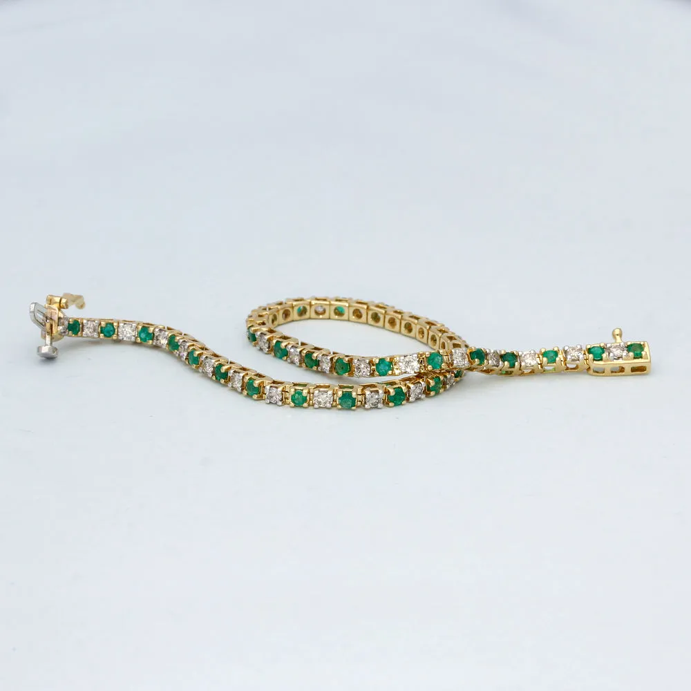 18ct Yellow Gold Diamond and Emerald Tennis Bracelet