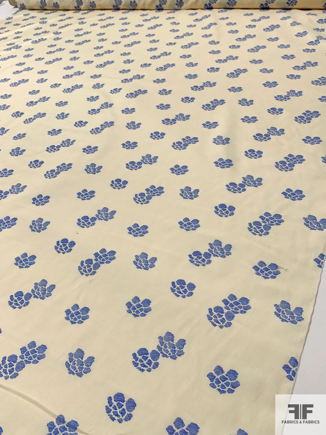 Abstract Clusters Printed Heavy Silk and Cotton Voile - Buttermilk / Blue