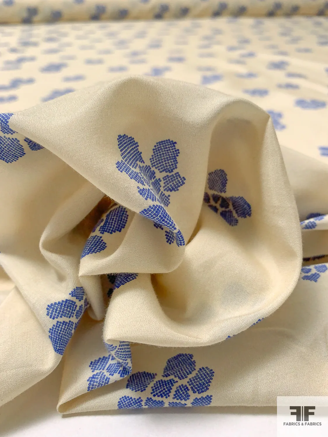 Abstract Clusters Printed Heavy Silk and Cotton Voile - Buttermilk / Blue