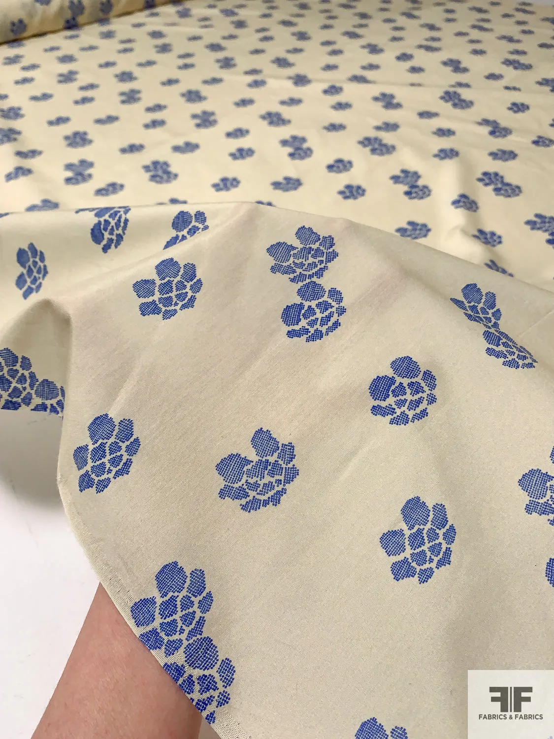 Abstract Clusters Printed Heavy Silk and Cotton Voile - Buttermilk / Blue