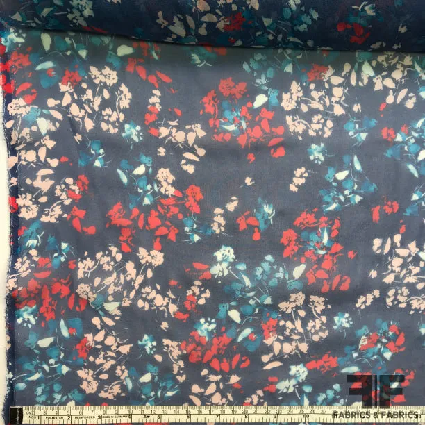 Abstract Floral Printed Silk Chiffon - Navy