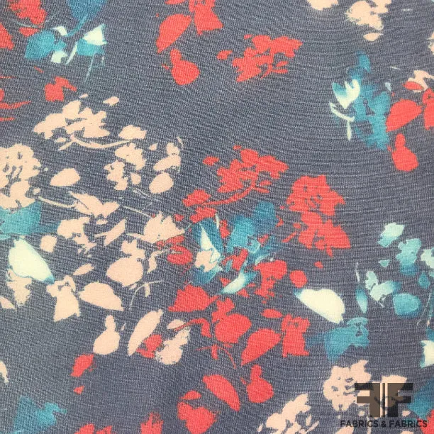 Abstract Floral Printed Silk Chiffon - Navy
