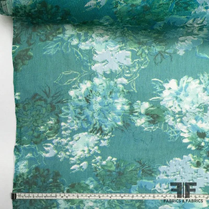 Abstract Floral Printed Silk Chiffon - Teal/White