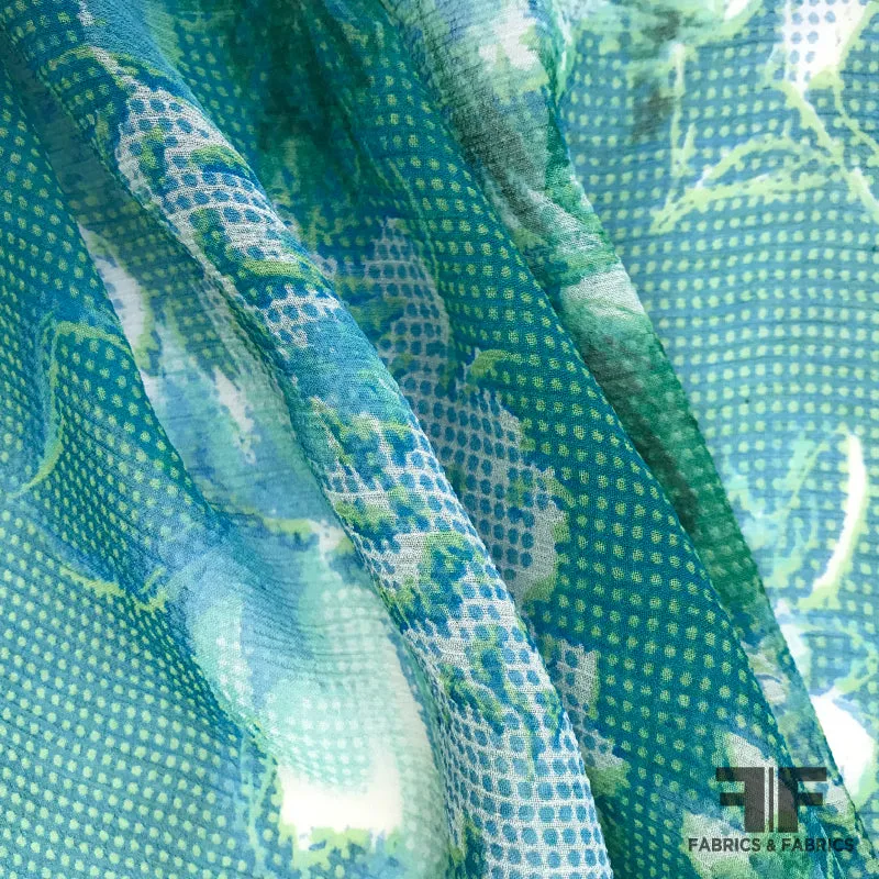 Abstract Floral Printed Silk Chiffon - Teal/White