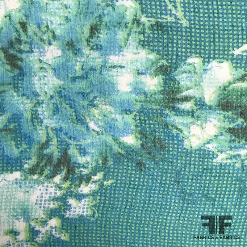 Abstract Floral Printed Silk Chiffon - Teal/White