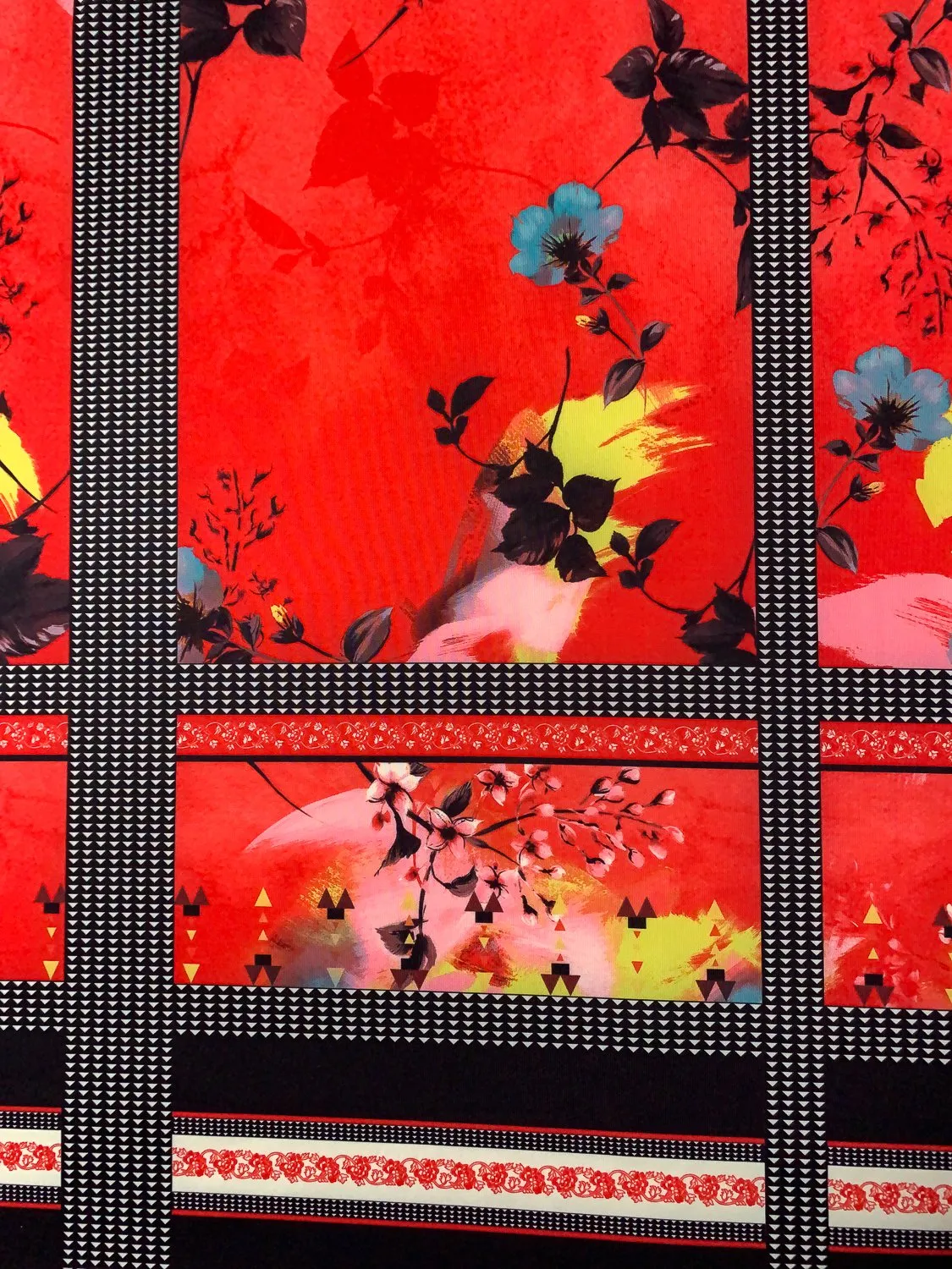 Abstract Grid on Floral Printed Scuba - Hot Coral-Orange / Black / White