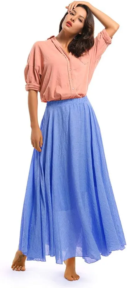 Aeslech Women's Bohemian Elastic Waist A Line Long Maxi Cotton Linen Skirt