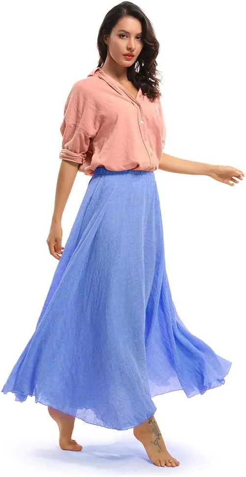 Aeslech Women's Bohemian Elastic Waist A Line Long Maxi Cotton Linen Skirt