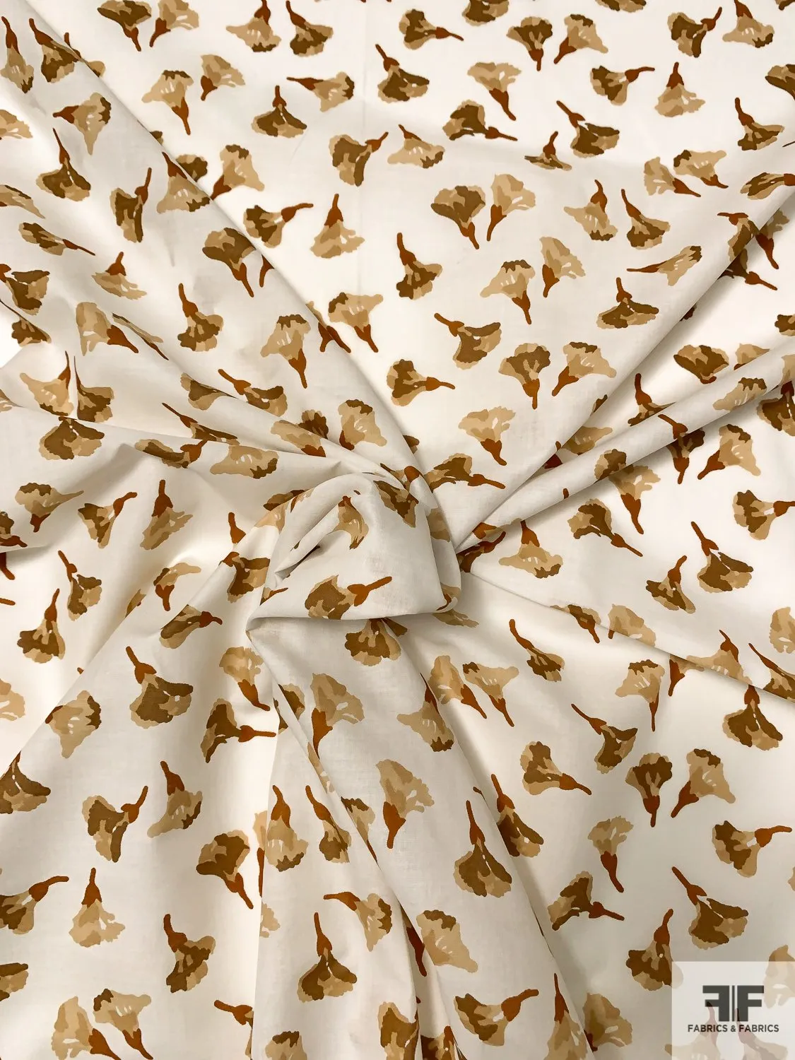Airy Painterly Floral Printed Cotton Lawn - Caramel Brown / Tan / Off-White
