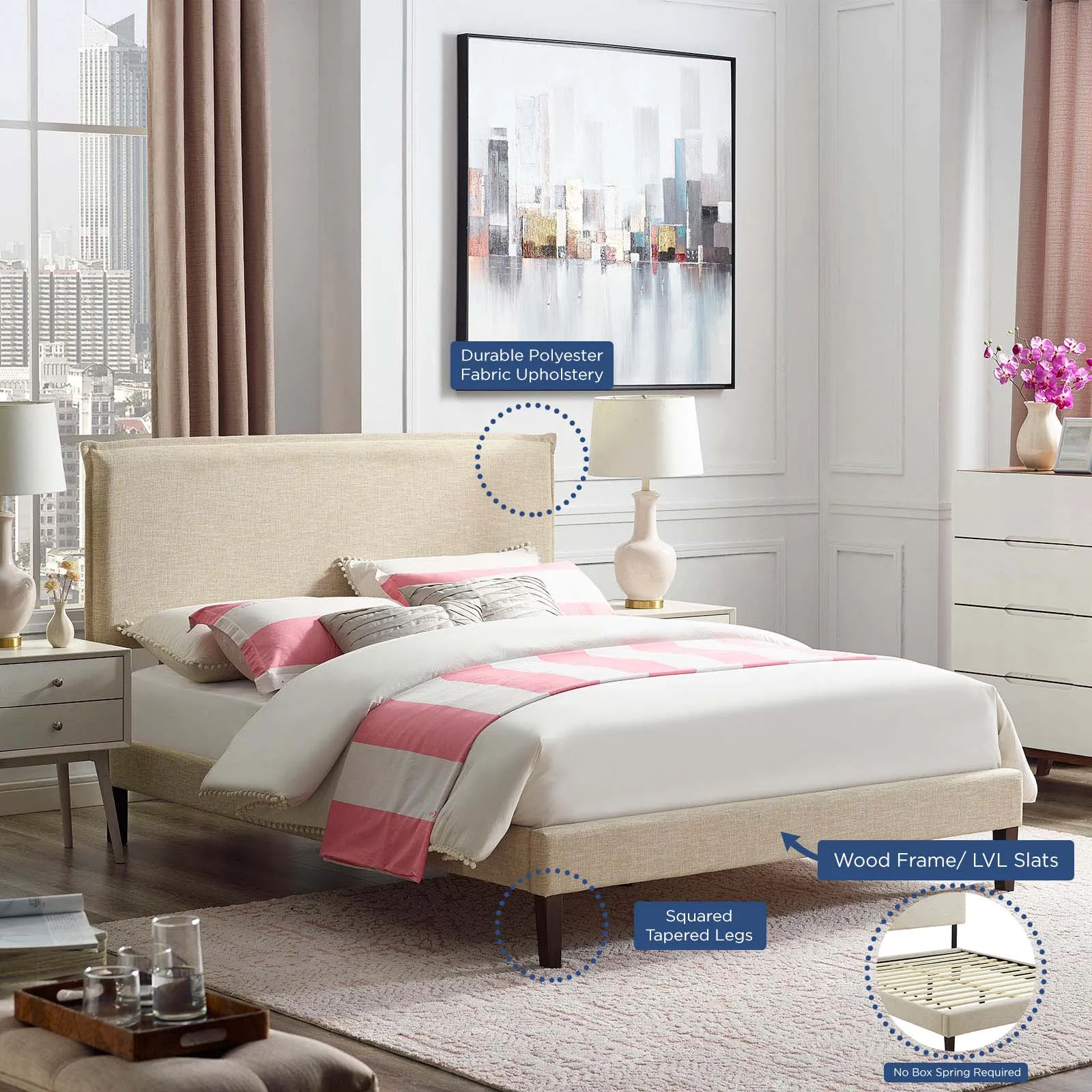 Amaris Fabric Platform Bed with Squared Tapered Legs by Modway