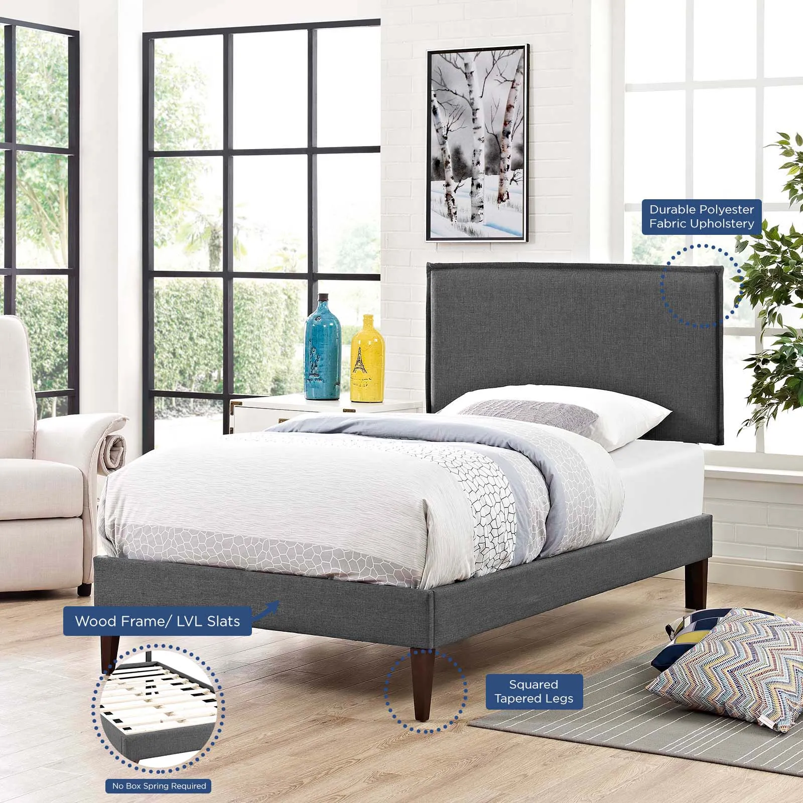 Amaris Fabric Platform Bed with Squared Tapered Legs by Modway