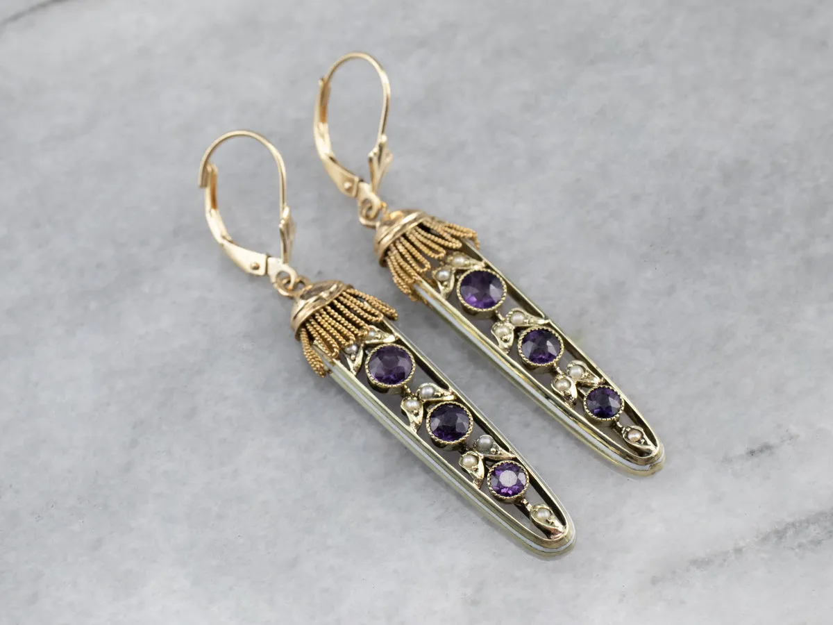 Amethyst Seed Pearl Gold Filigree Drop Earrings
