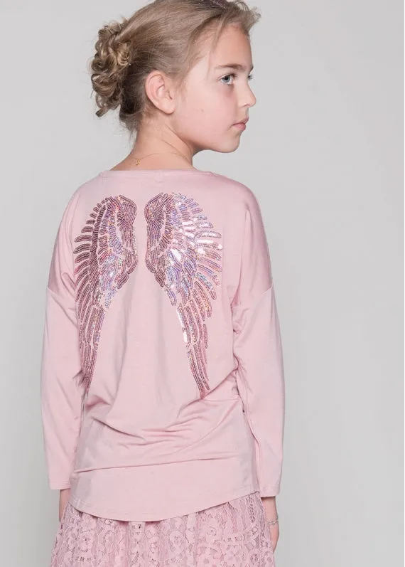Angel's Face Girls Long Sleeve Slouch Wings Sequin Top - Vintage Pink