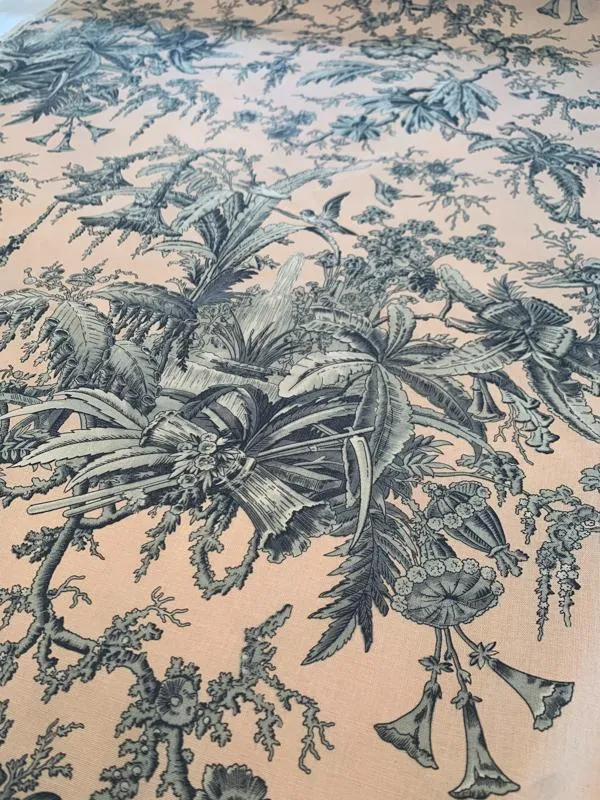 Antique Pavilion Floral Cotton Sheeting - Dusty Peach / Gravel Grey