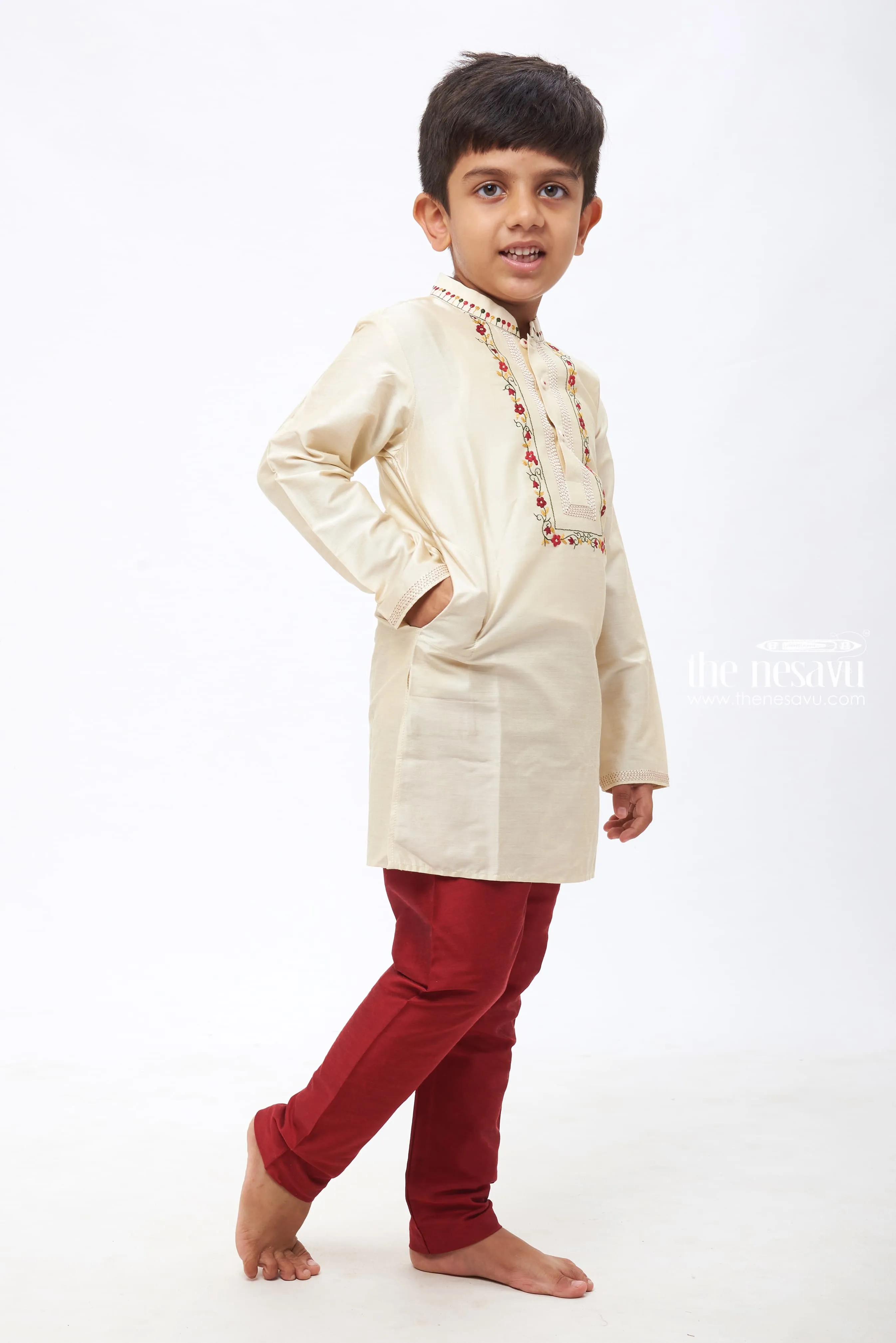 APA. Boys' Elegant Cream Kurta with Rich Maroon Pants - Classic Ethnic Set