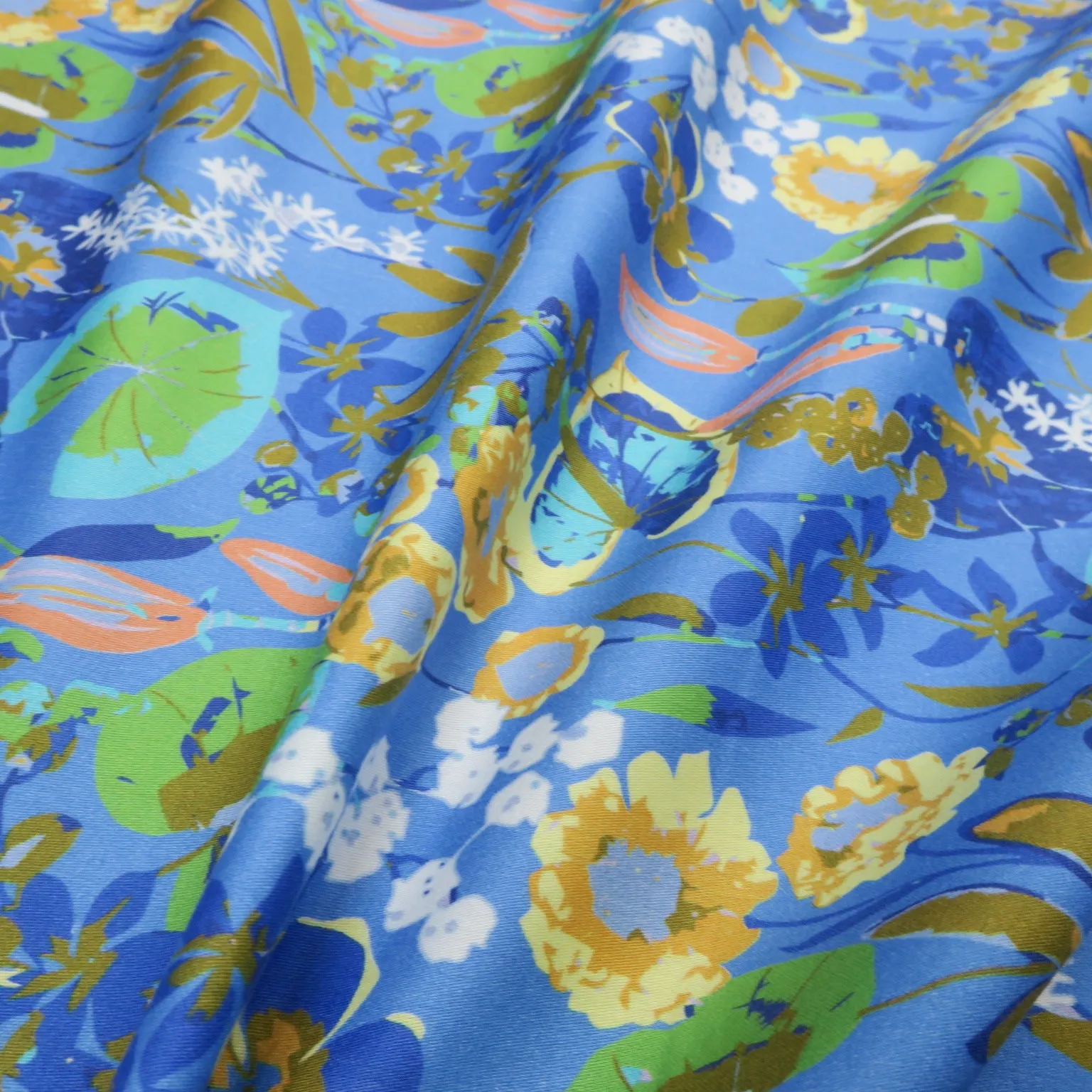 Aqua Anthurium on Cornflower Blue Ground Floral Printed Cotton Pierre Cardin Cottone