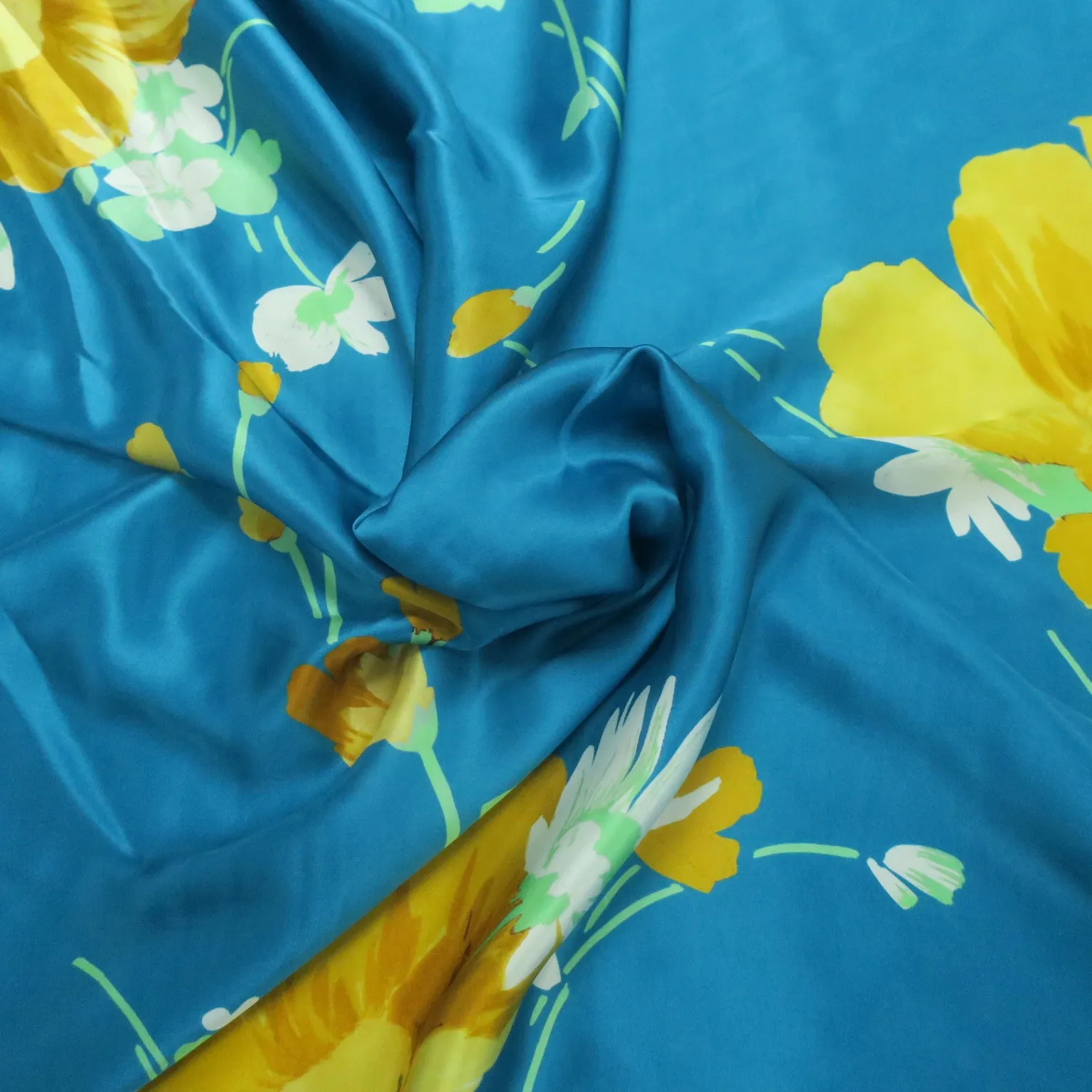 Aqua with Floral Pattern in Yellow Printed Silk Charmeuse Fabric