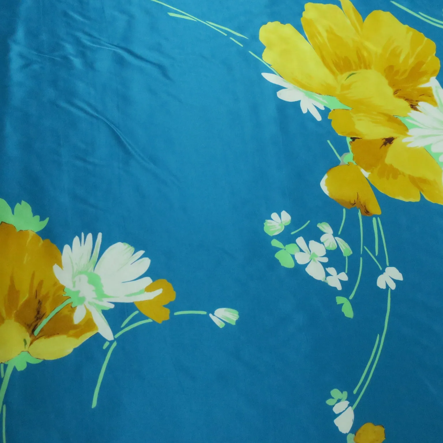 Aqua with Floral Pattern in Yellow Printed Silk Charmeuse Fabric