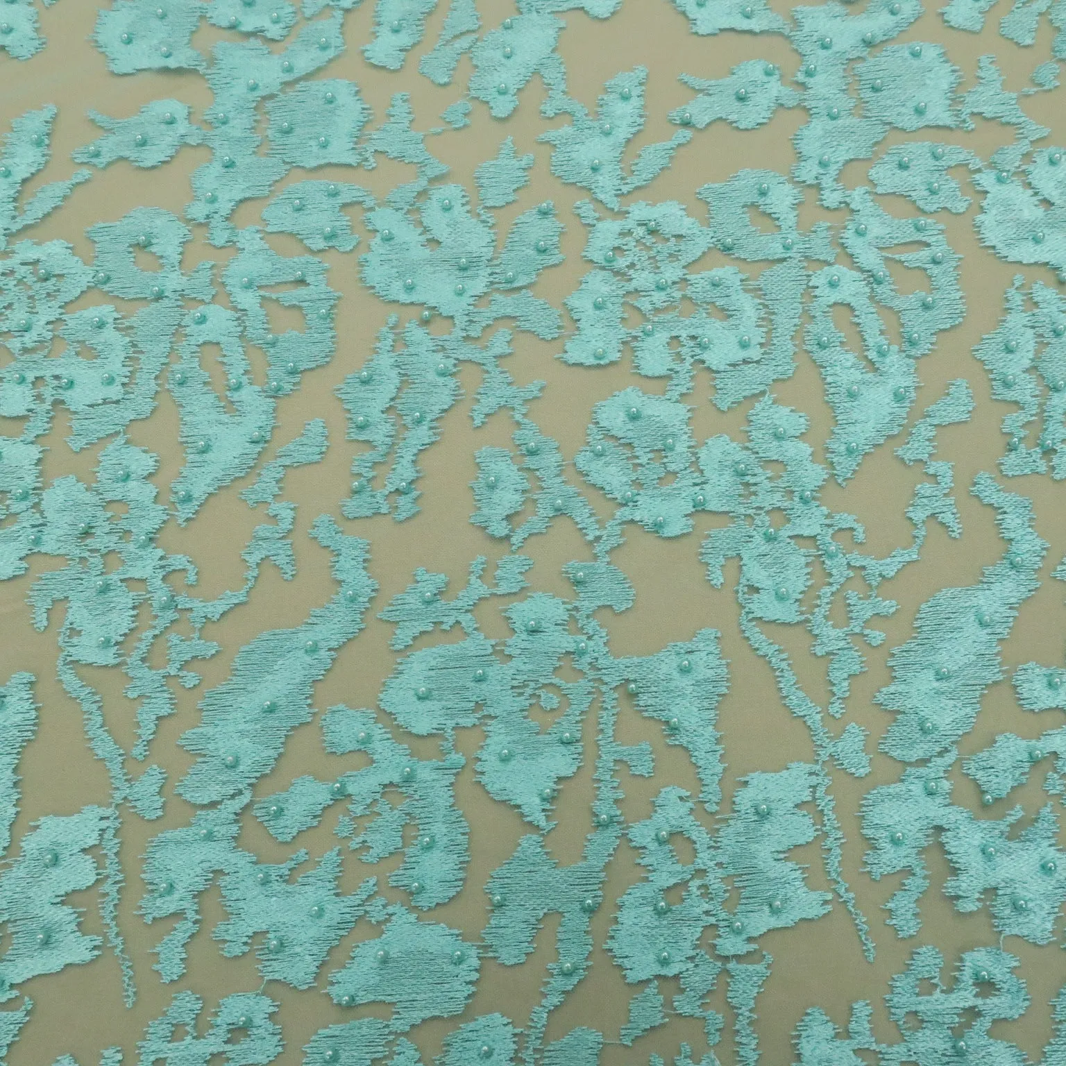 AquaTulle with Aqua Pearls Abstract Embroidered Tulle Fabric