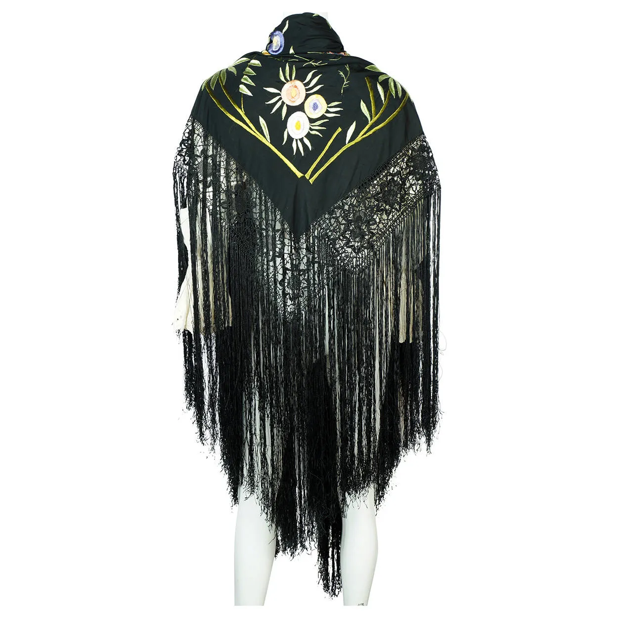 Art Deco Chinese Canton Silk Embroidered Shawl People w Floral Embroidery As Is