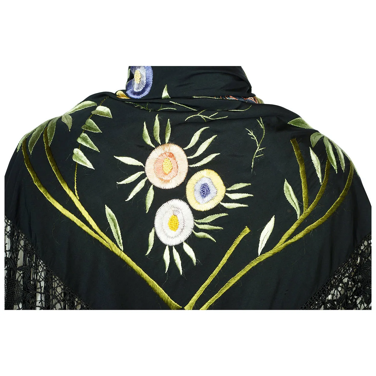 Art Deco Chinese Canton Silk Embroidered Shawl People w Floral Embroidery As Is