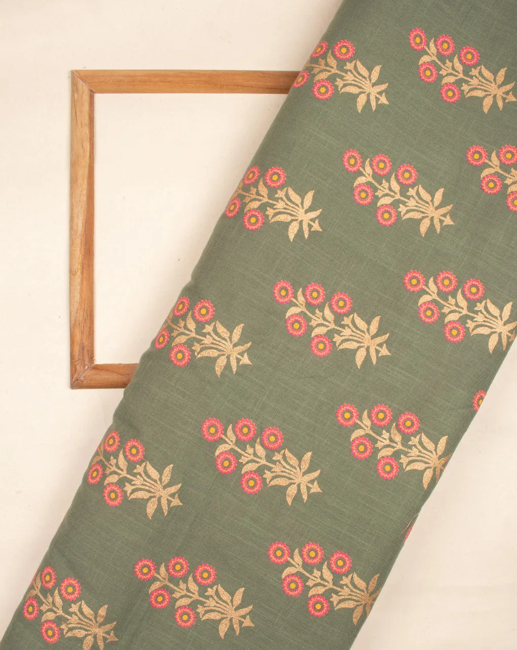 Artichoke & Pink Floral Gold Foil Screen Print Slub Cotton Fabric