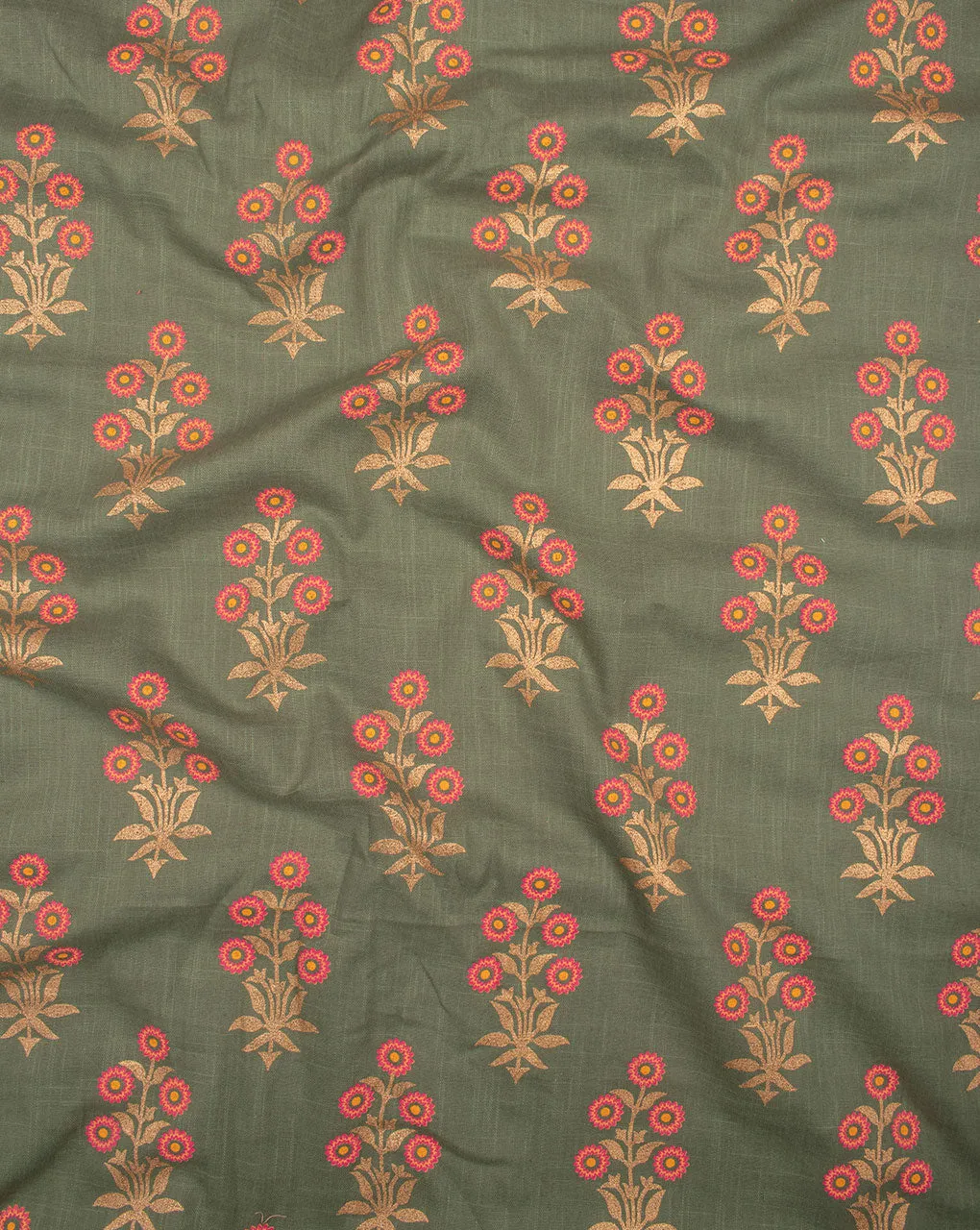 Artichoke & Pink Floral Gold Foil Screen Print Slub Cotton Fabric
