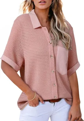 Astylish Womens Waffle Knit Button Down Shirts Tops Casual V Neck Short Folded Sleeve Dressy Blouses