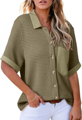 Astylish Womens Waffle Knit Button Down Shirts Tops Casual V Neck Short Folded Sleeve Dressy Blouses