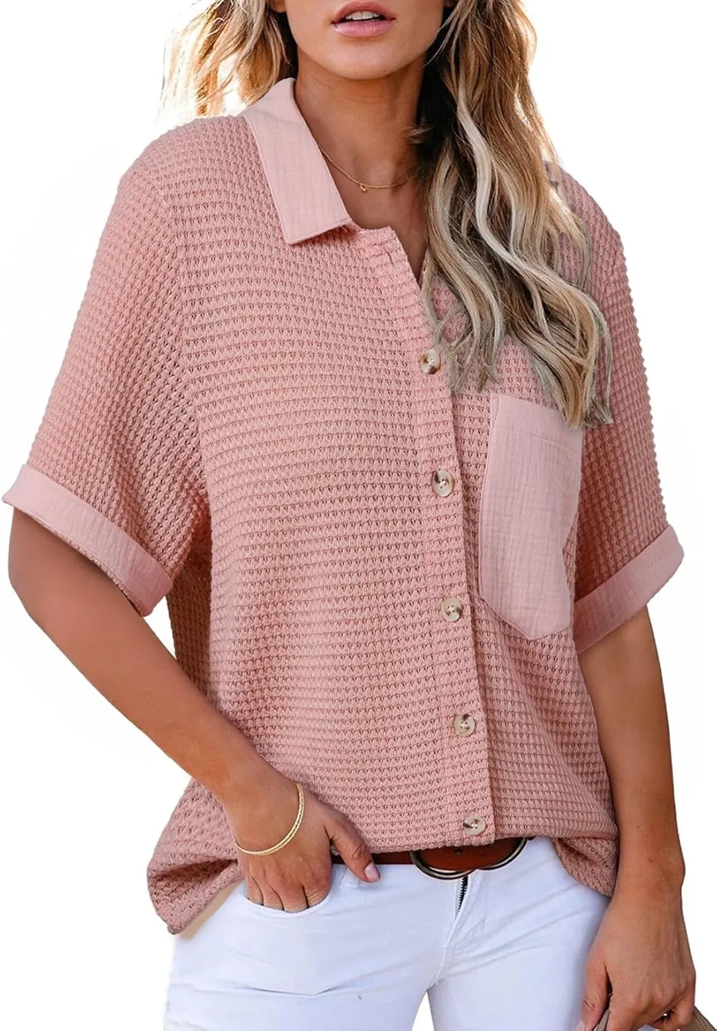Astylish Womens Waffle Knit Button Down Shirts Tops Casual V Neck Short Folded Sleeve Dressy Blouses