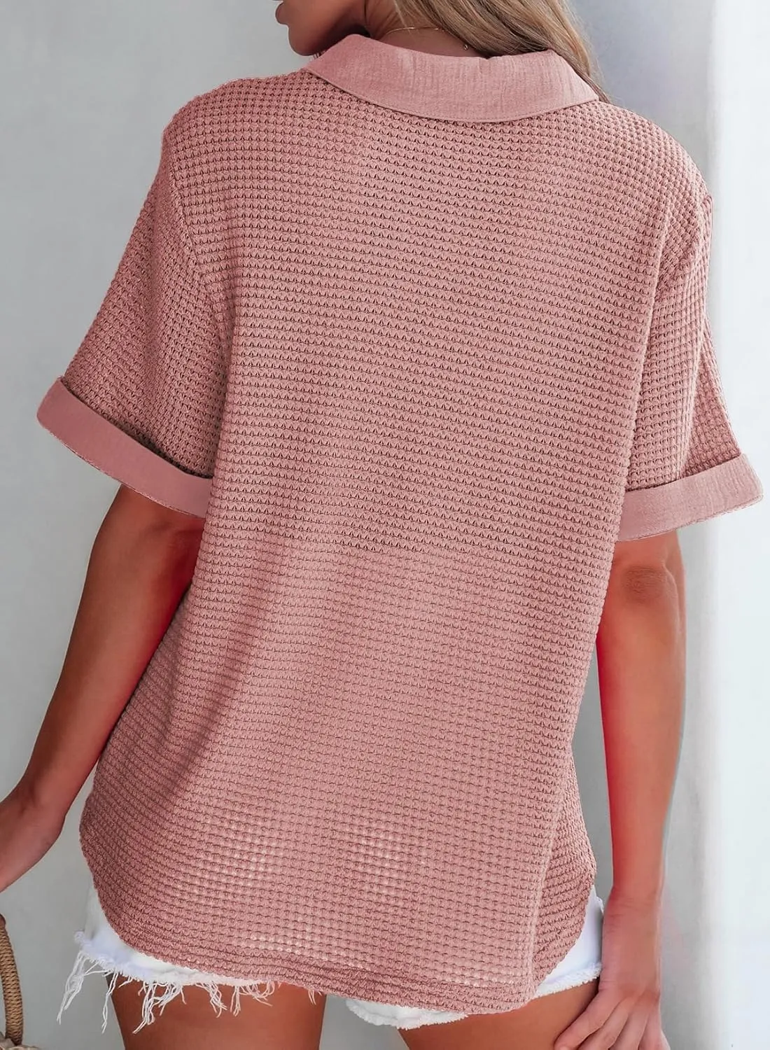 Astylish Womens Waffle Knit Button Down Shirts Tops Casual V Neck Short Folded Sleeve Dressy Blouses