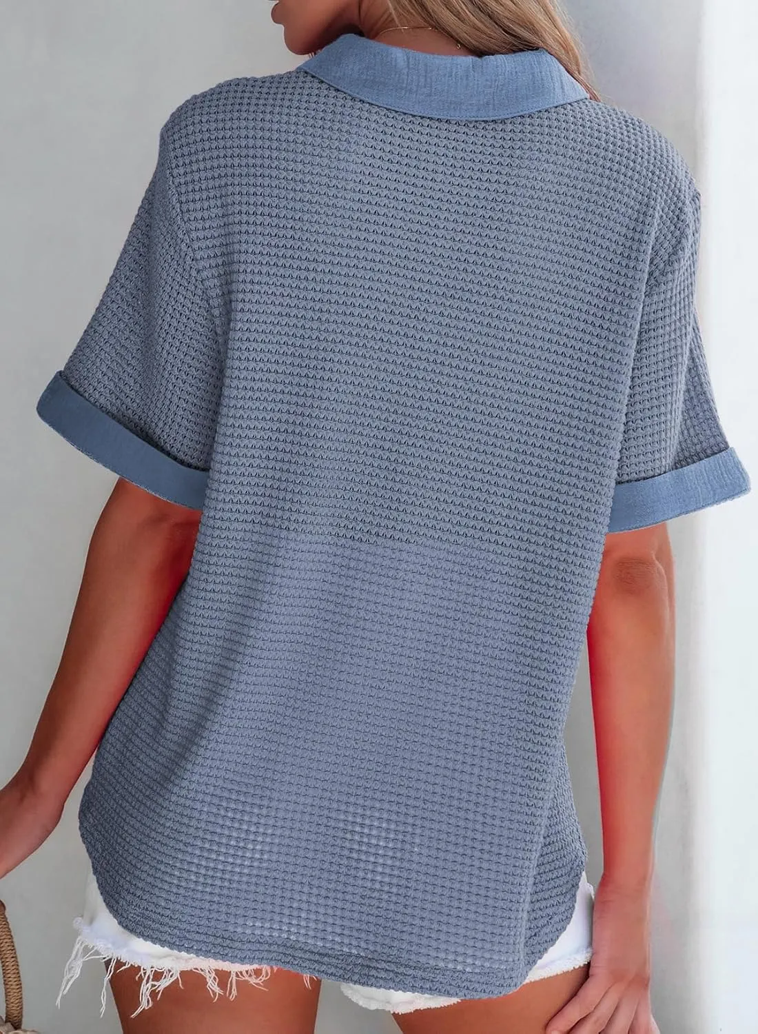 Astylish Womens Waffle Knit Button Down Shirts Tops Casual V Neck Short Folded Sleeve Dressy Blouses
