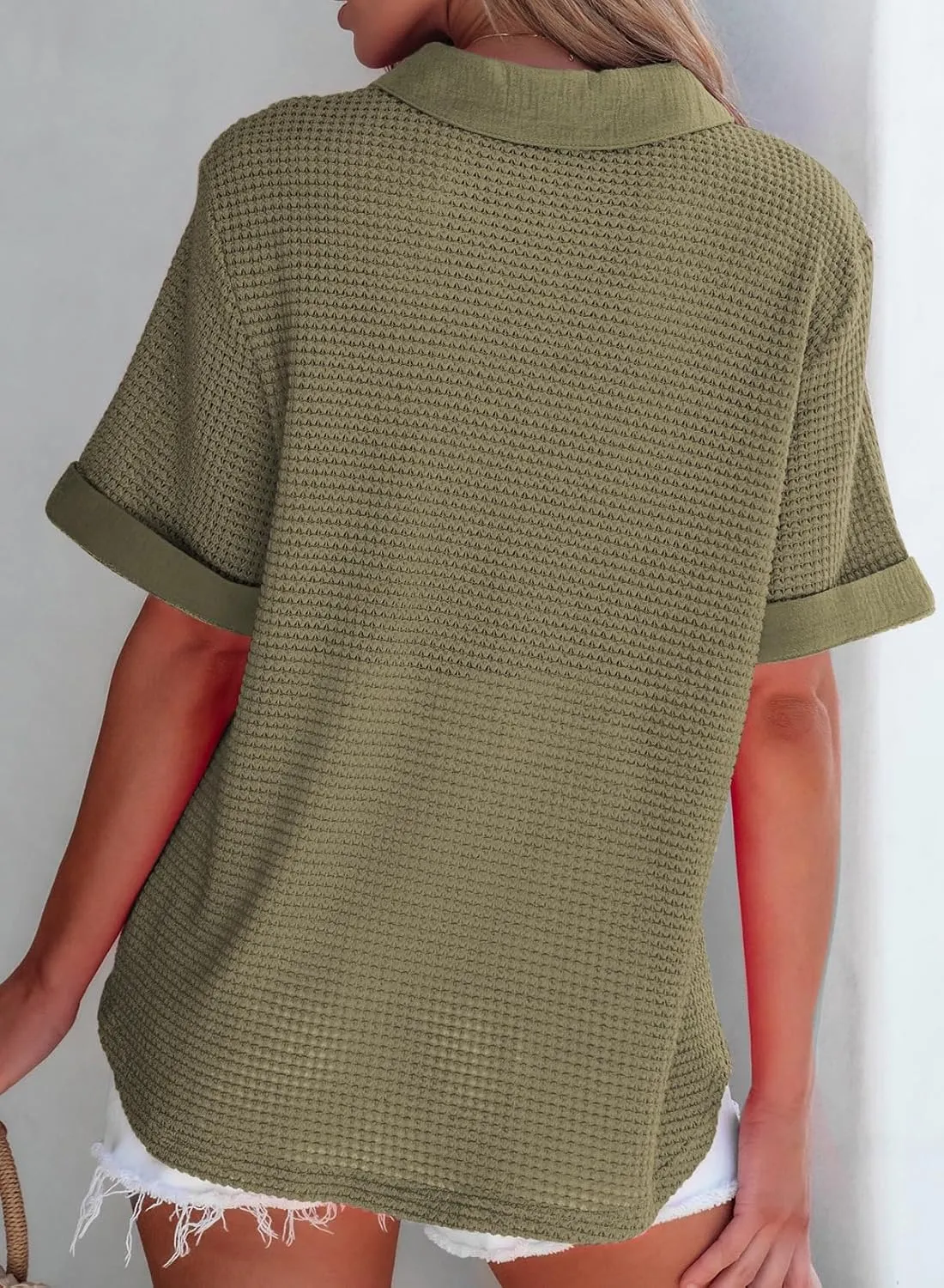 Astylish Womens Waffle Knit Button Down Shirts Tops Casual V Neck Short Folded Sleeve Dressy Blouses