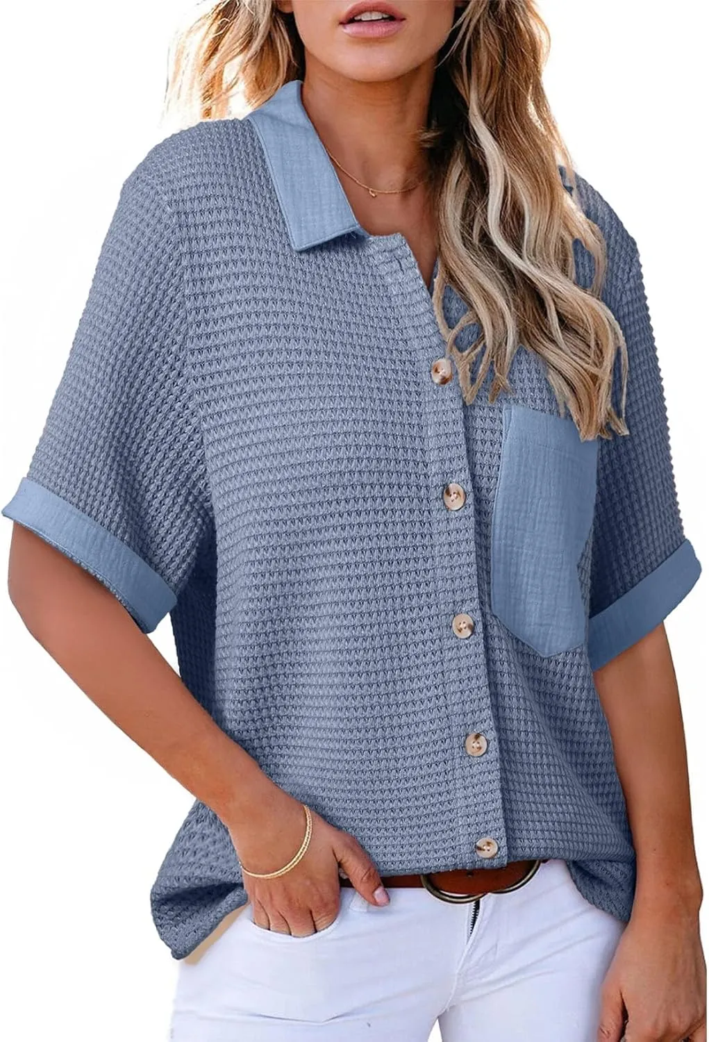 Astylish Womens Waffle Knit Button Down Shirts Tops Casual V Neck Short Folded Sleeve Dressy Blouses