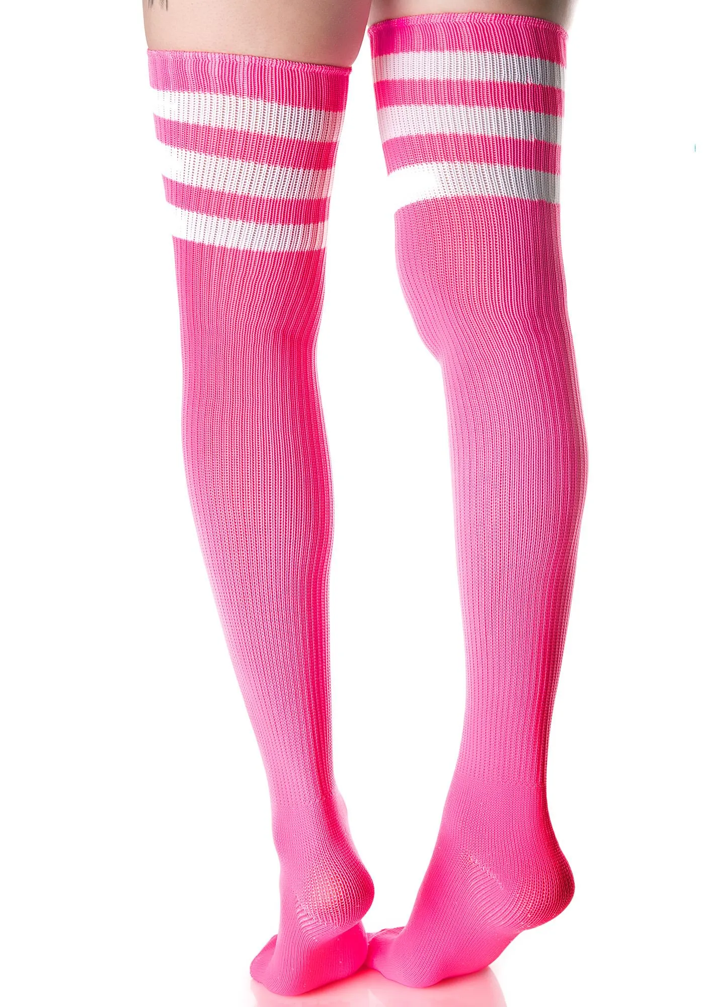 Athletic Thigh High Striped Tube Socks in Neon Pink and White