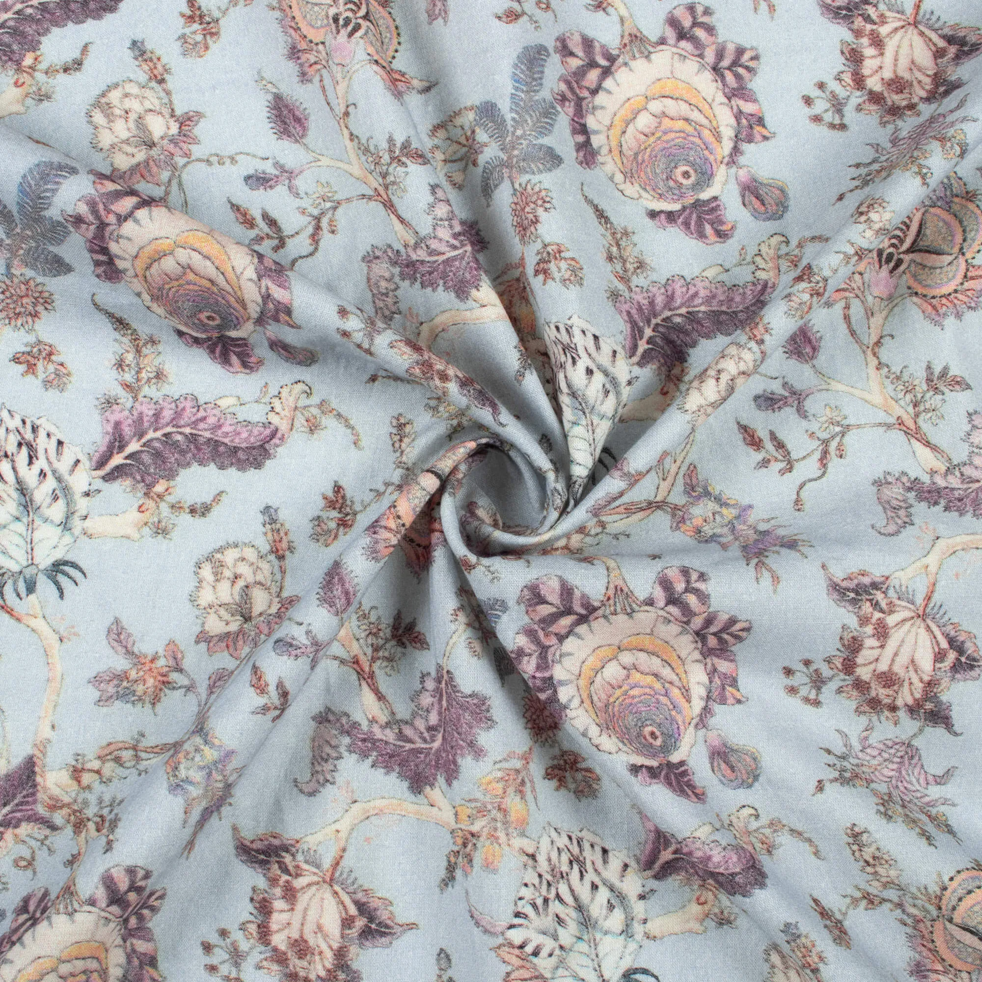 Baby Blue And Purple Floral Digital Print Cotton Cambric Fabric