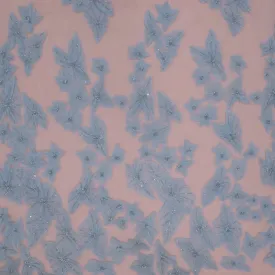 Baby Blue Pearls and Bugle Beads on 3D High Relief Flowers Embroidered Tulle Fabric