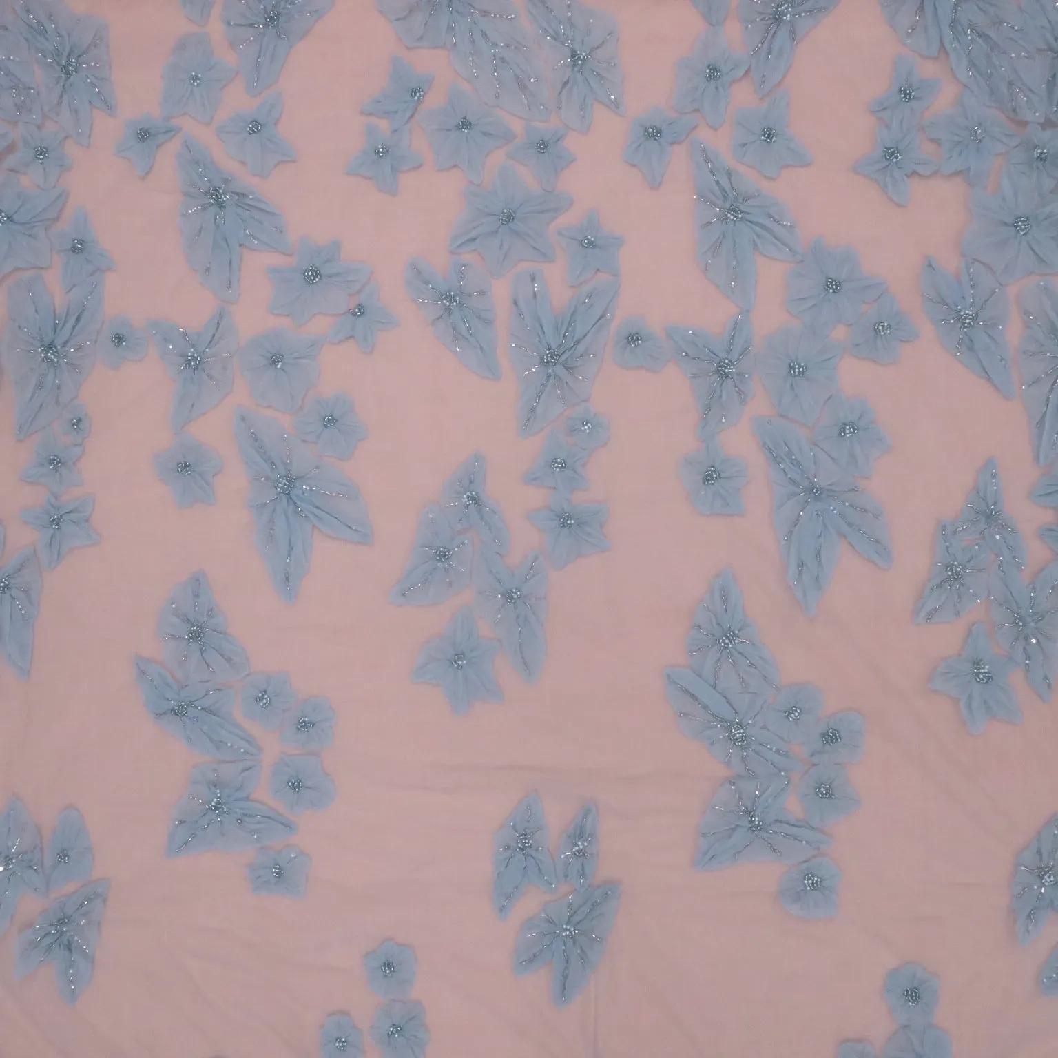 Baby Blue Pearls and Bugle Beads on 3D High Relief Flowers Embroidered Tulle Fabric