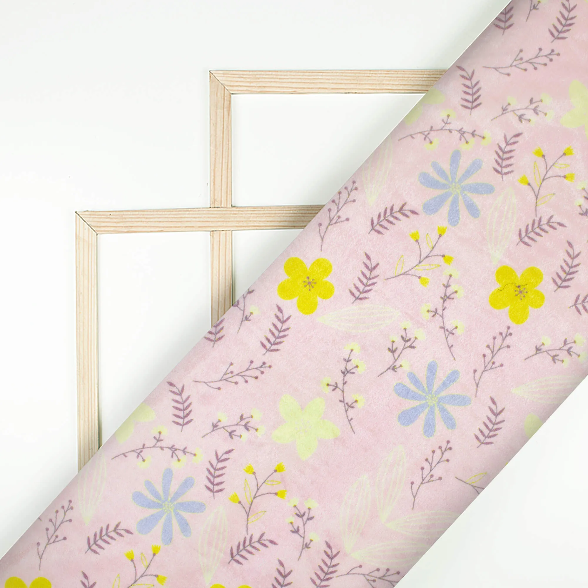 Baby Pink And Lemon Yellow Floral Pattern Digital Print Premium Velvet Fabric