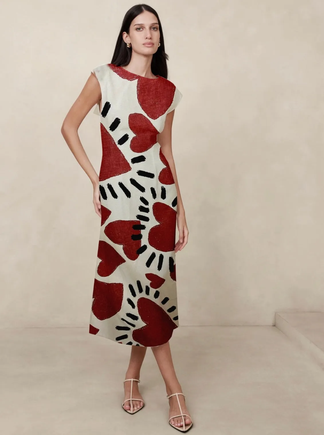 Beating Heart Linen Rayon: Black/Red/White