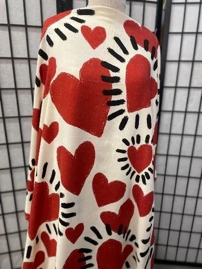 Beating Heart Linen Rayon: Black/Red/White