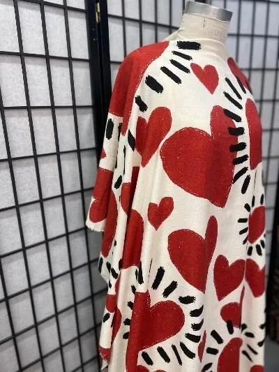 Beating Heart Linen Rayon: Black/Red/White