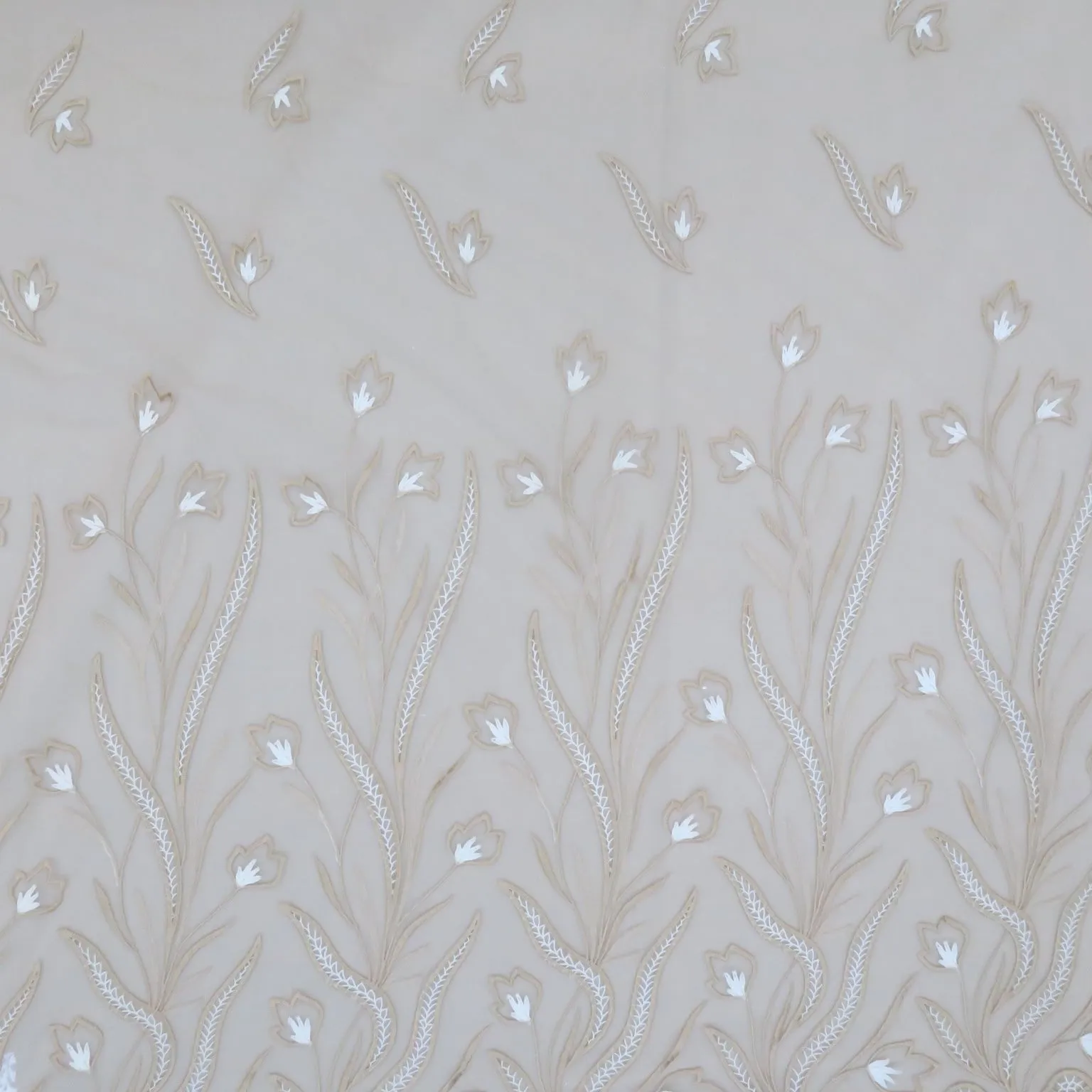 Beige Tulle with Ivory and Bronze Floral Design Embroidered Fabric