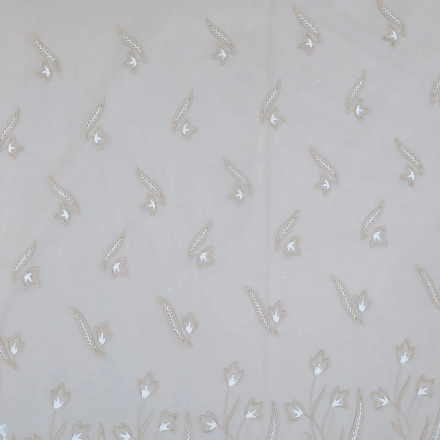 Beige Tulle with Ivory and Bronze Floral Design Embroidered Fabric