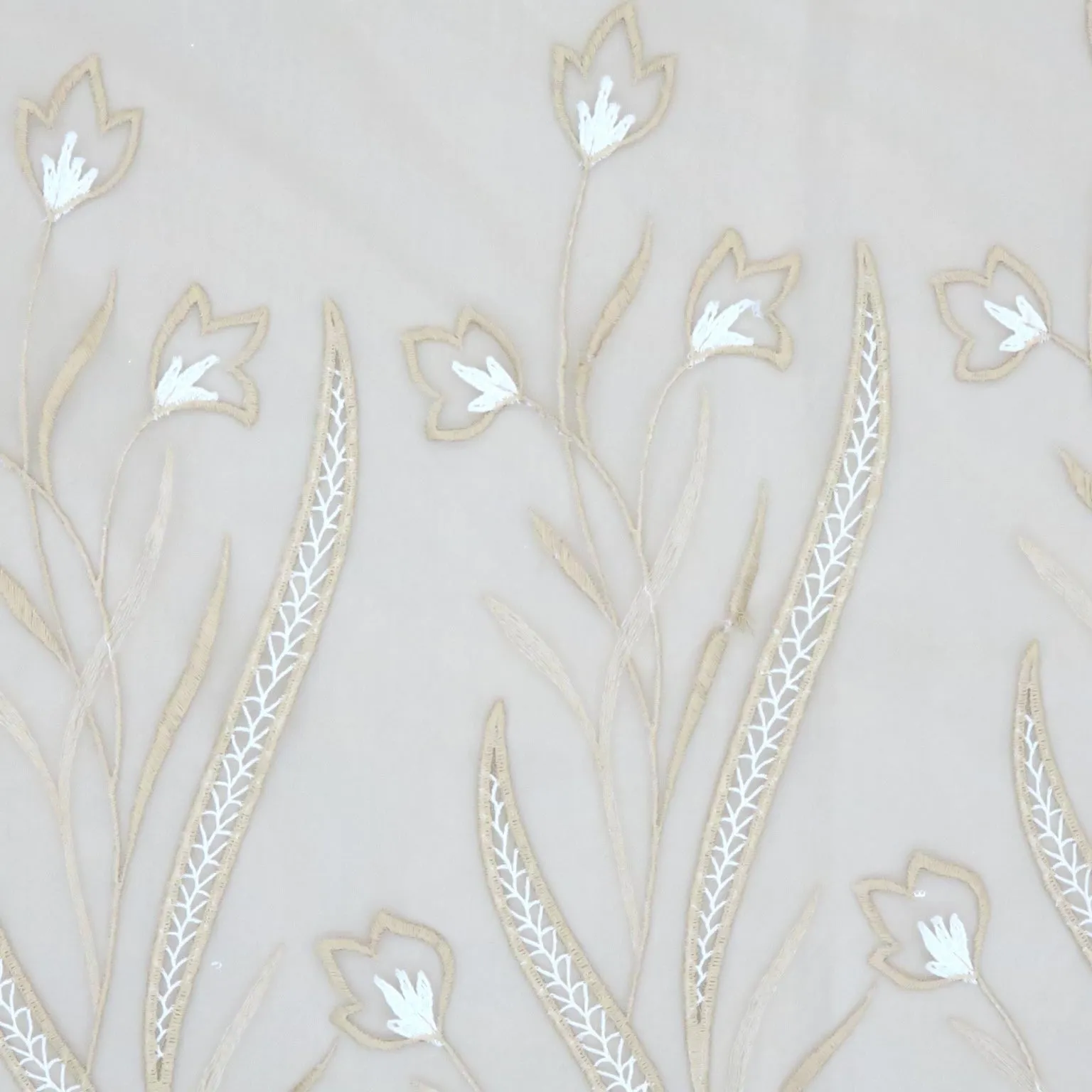 Beige Tulle with Ivory and Bronze Floral Design Embroidered Fabric