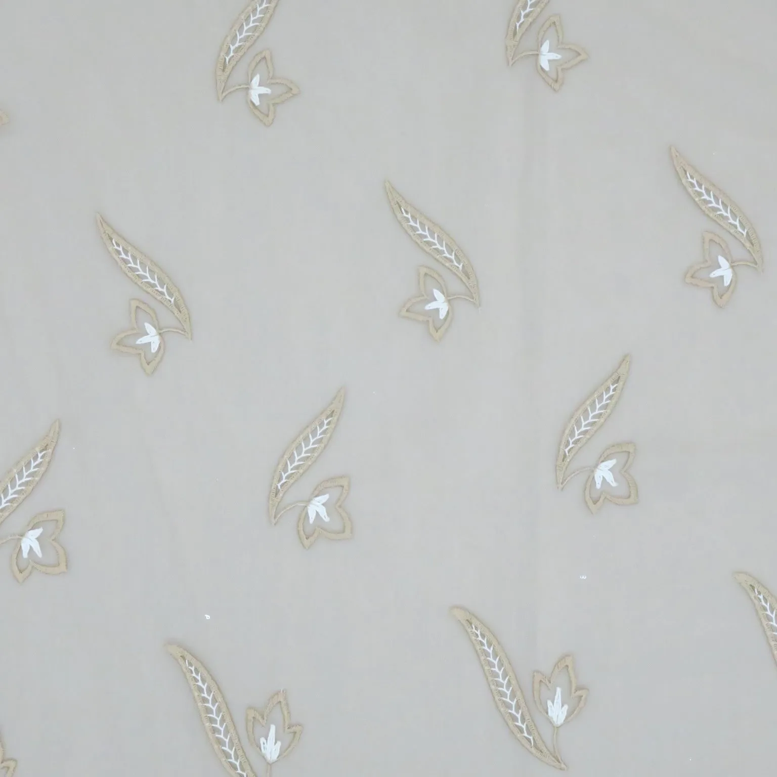 Beige Tulle with Ivory and Bronze Floral Design Embroidered Fabric